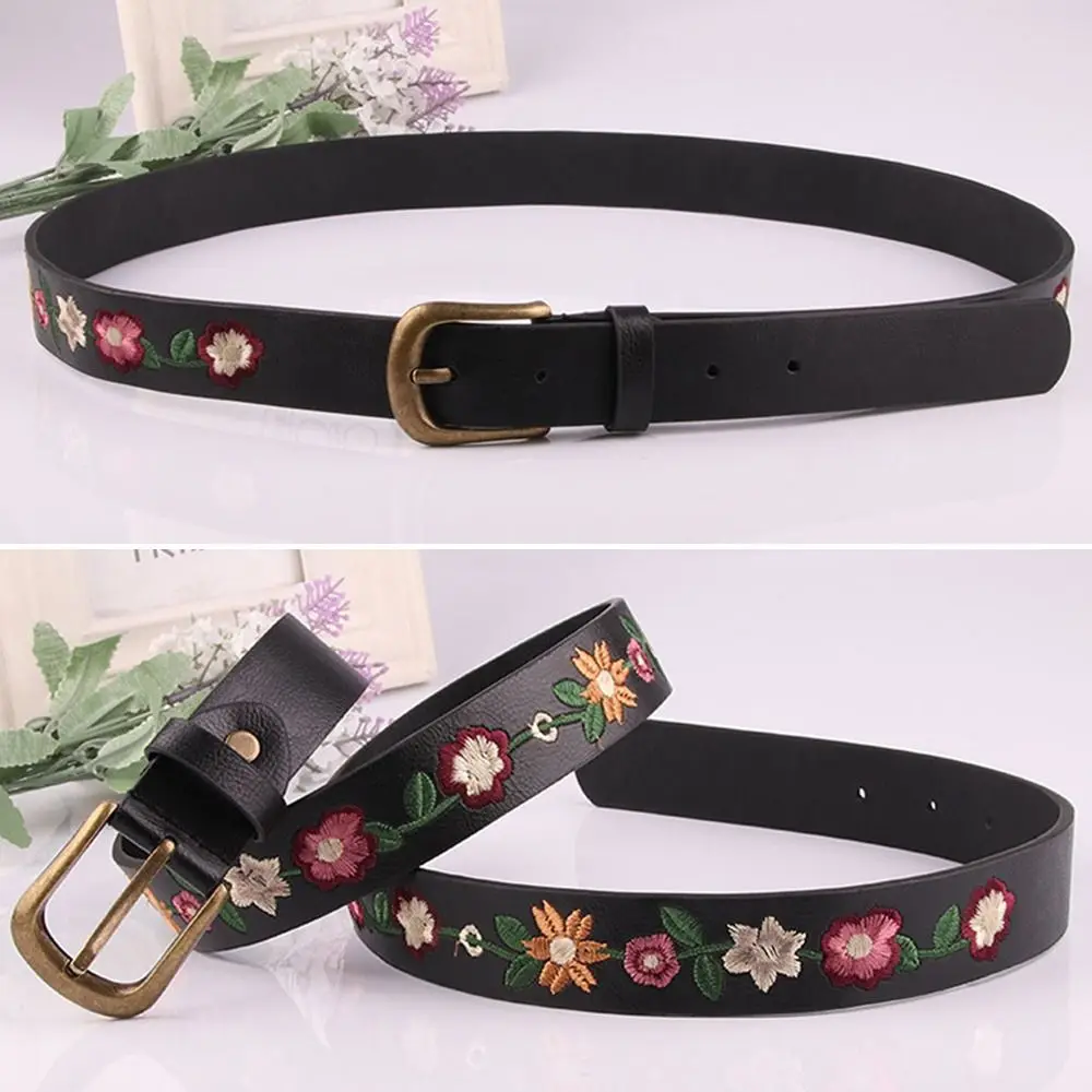 

Women Waist Decoration Retro Embroidered Flower Leather Belt Pin Buckle Waistband Trouser Dress Belts Waist Strap