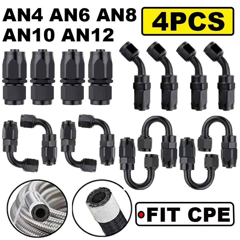 4x Universal AN4/6/8/10/12 Straight 45 90 180 Degree CPE Oil Fuel Swivel Hose End Fitting CPE Oil Hose End Adaptor AN Tube Joint