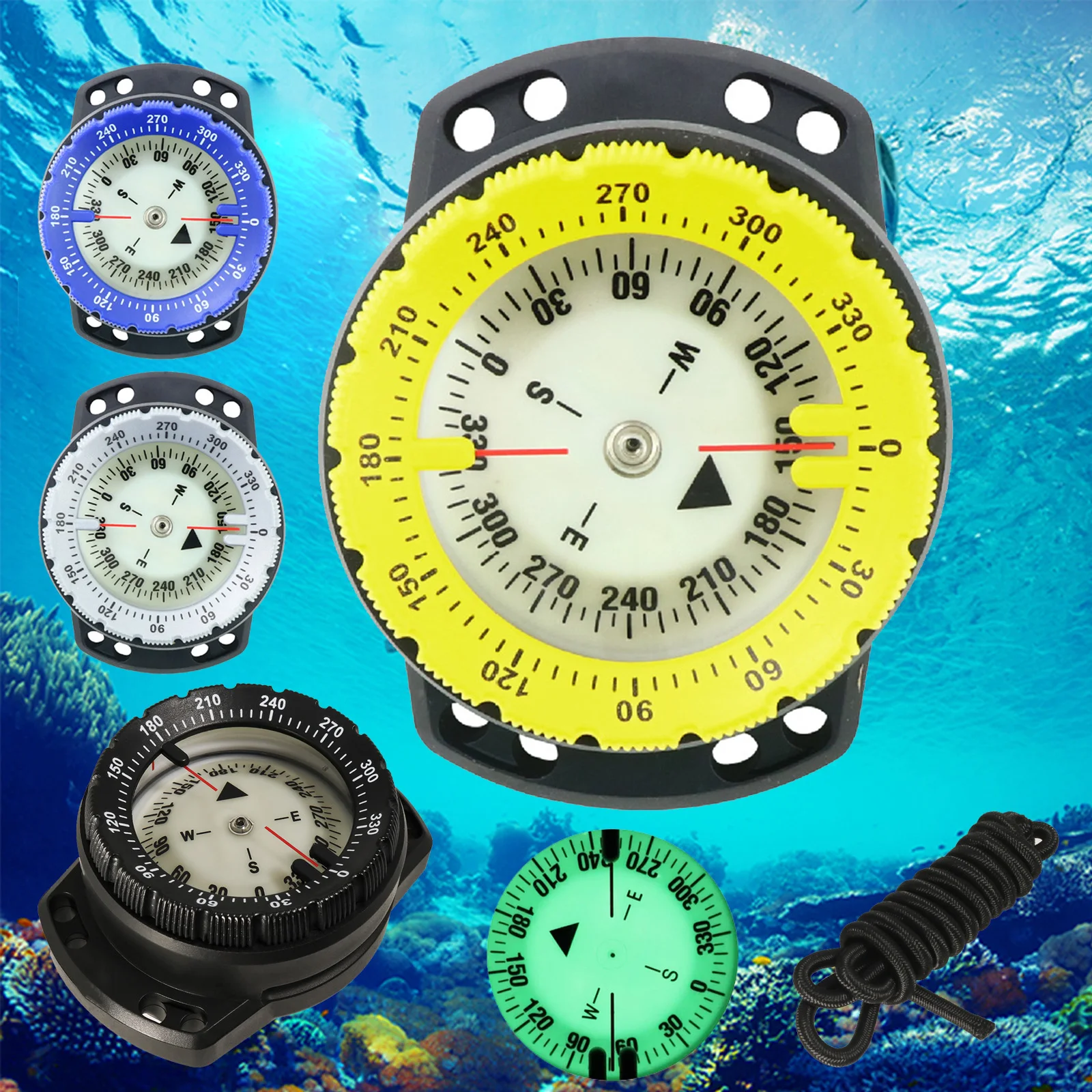 50m Scuba Diving Compass Multi-function Camping Climbing Hiking Luminous Elastic Rope Underwater Waterproof Compasses