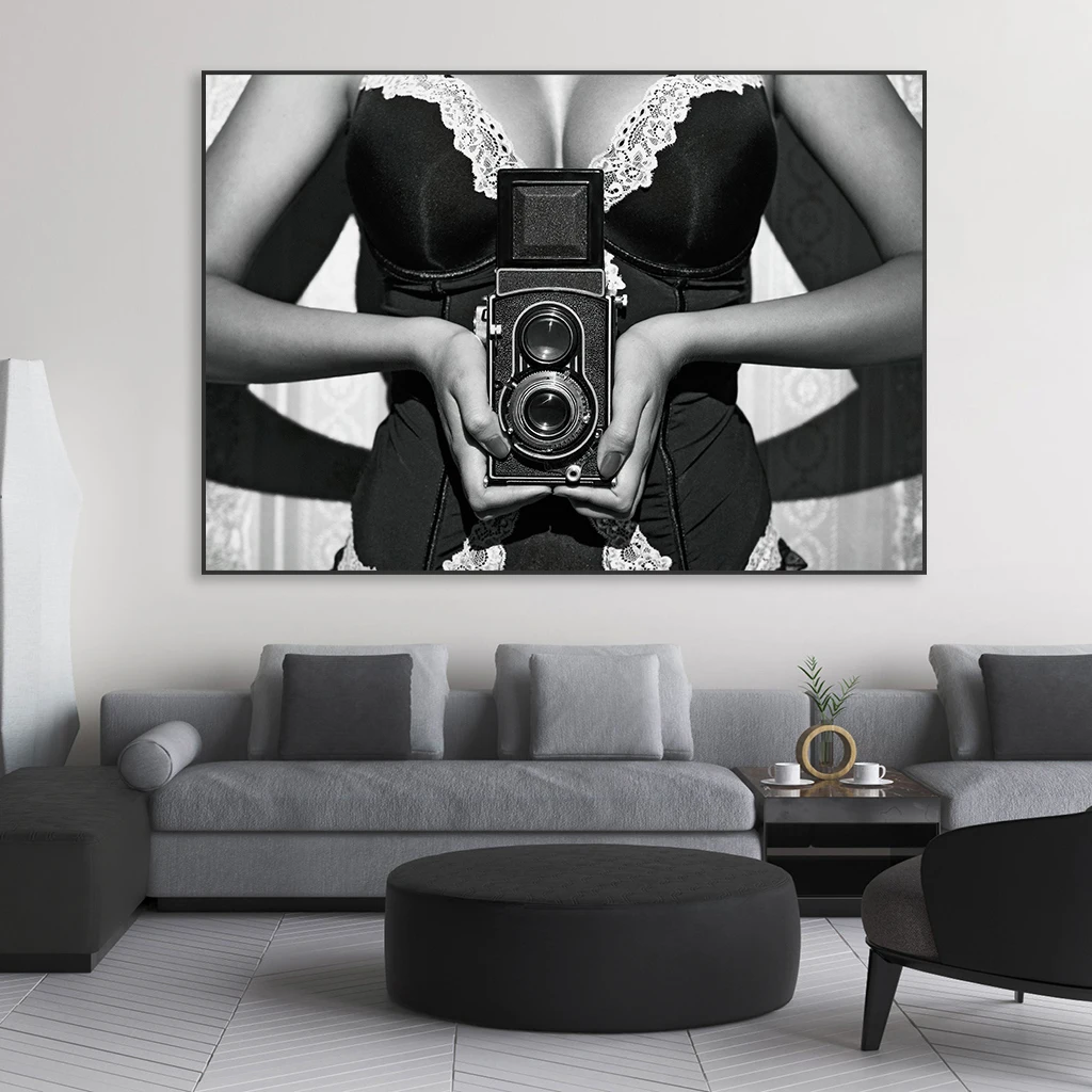 Fashion Lady with Camera Poster Black and White Wall Art Prints Sexy Feminine Canvas Painting Abstract Minimalist Bedroom Decor