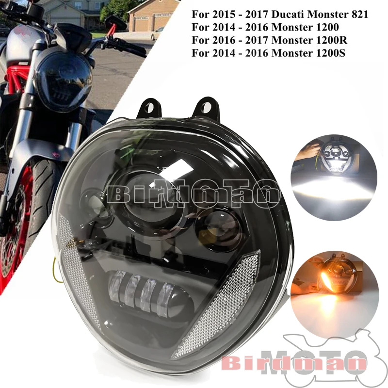 12V 100W Motorbike Front LED Headlight Assembly For Ducati Monster 821 1200 1200R 1200S Motorcycle Hi/Lo Beam DRL Headlamp 14-17