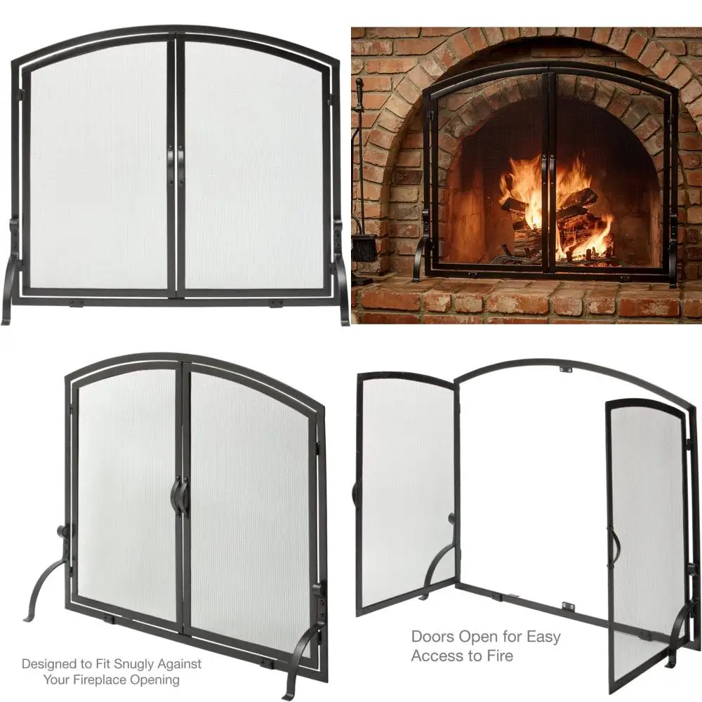 Large Single Panel Wrought Iron Fireplace Screen with Doors - Black, Modern Home Decor