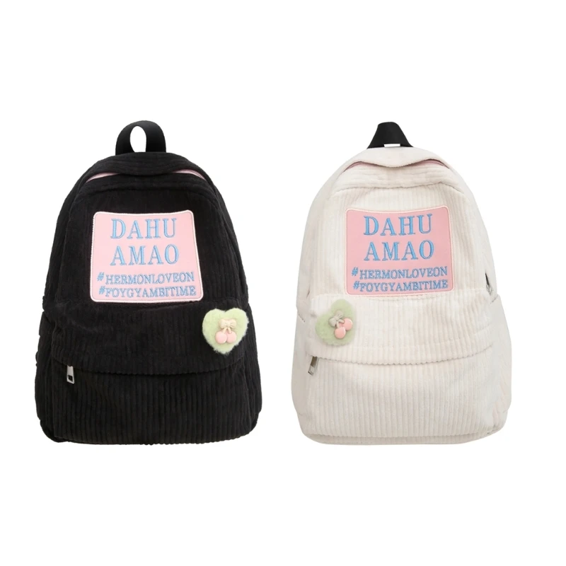 

Double Strap Shoulder Bag for Girl Student Teen Large Capacity Corduroy Backpack Rucksack with Letter Pattern School Bag