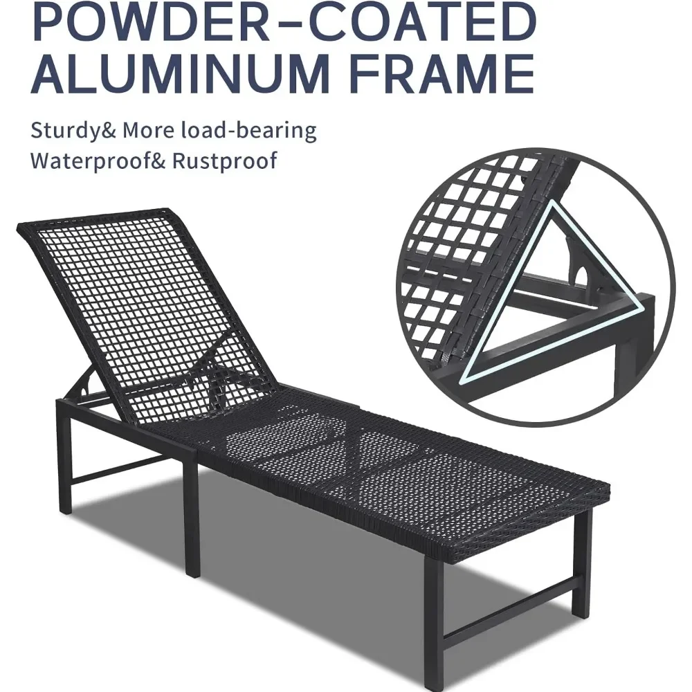 Conjunto de 2 espreguiçadeiras ao ar livre, cadeiras de piscina de vime com encosto ajustável, bronzeamento com estrutura de alumínio à prova de ferrugem