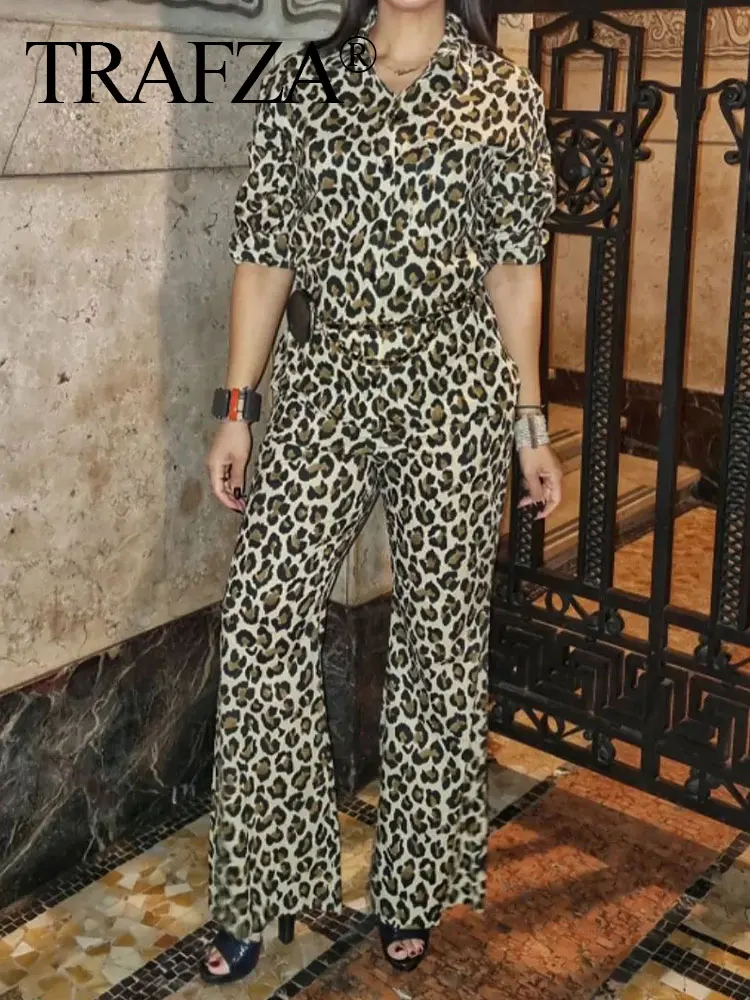 TRAFZA 2024 primavera nuova donna Leopard Print set maniche lunghe bottoni con risvolto camicia + vita alta Chic donna pantalone lungo Streetwear