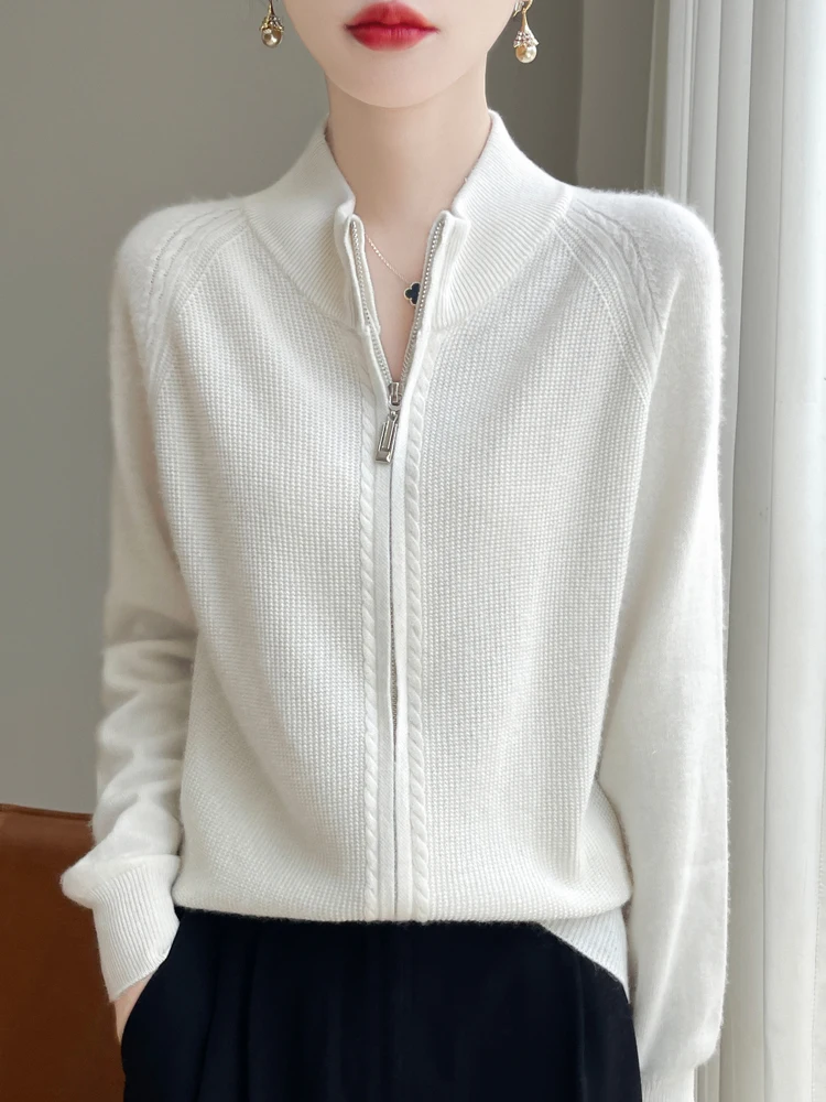 

100% Merino Wool Sweater For Women Zipper Cardigan Spring Autumn Long Sleeve Basic Grace Office Lady Clothes Pure Wool Knitwear