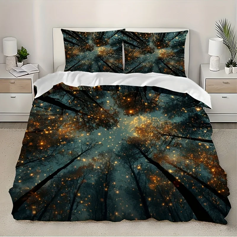 Starry Sky Forest Duvet Cover Set with Pillowcase Duvet Cover Set Multi Size Quilt Cover Queen Size Bedroom Bedding Decoration Machine Washable Adult Boy Girl Bedroom