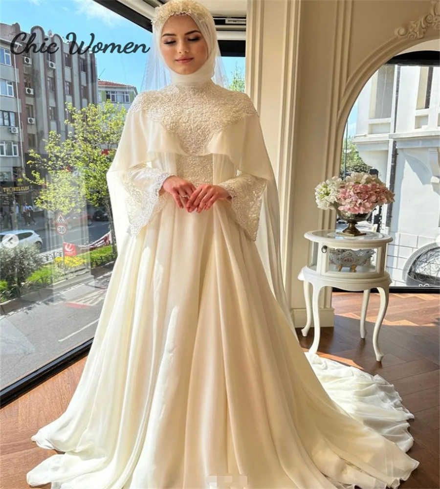 Luxury Islamic Muslim Wedding Dress With Caped Elegant Long Sleeve Lace Boho Turkey Moroccan Bridal Gown Arabic Bride Customized