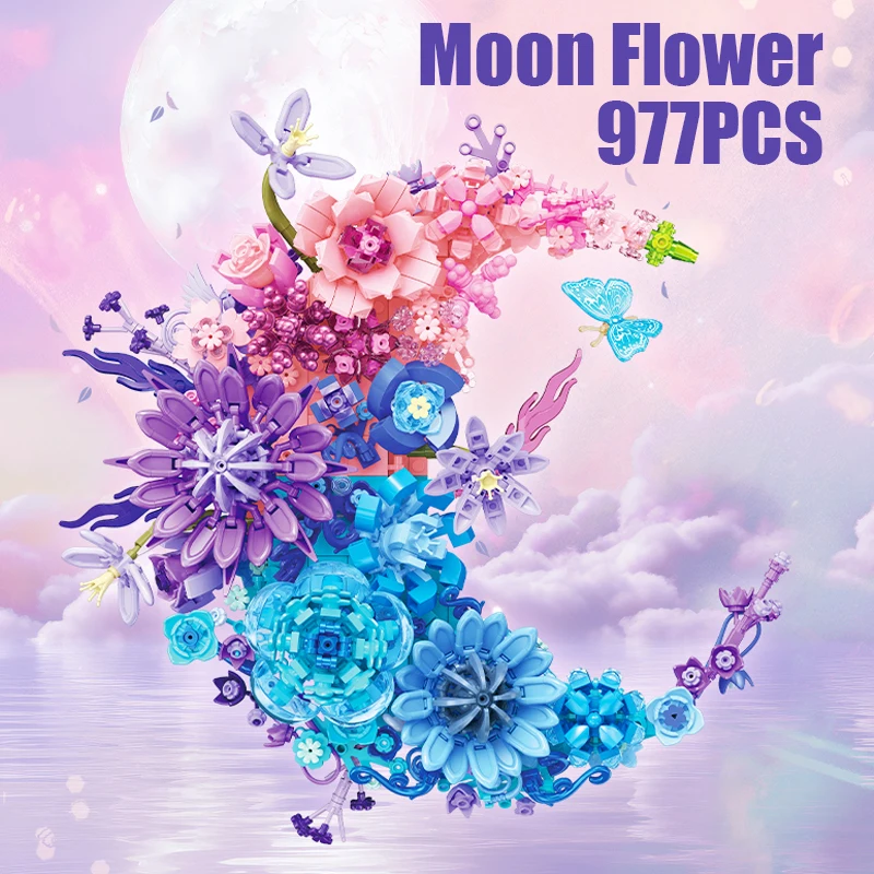 977PCS Romantic Moon Flower Building Blocks Eternal Flowers Model DIY MOC Assembly Bricks Home Wall Decoration Creative Gifts