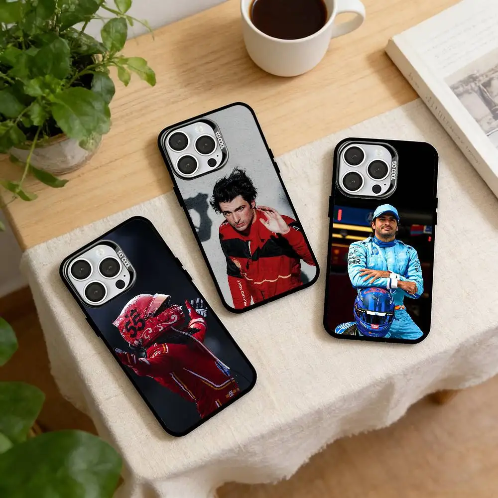 C-Carlos S-Sainz Jr. Funda para Teléfono Pro Racer para iPhone 17, 16, 15, 14, 13, 12, 11 Plus, Pro Max, XS, Color Plateado