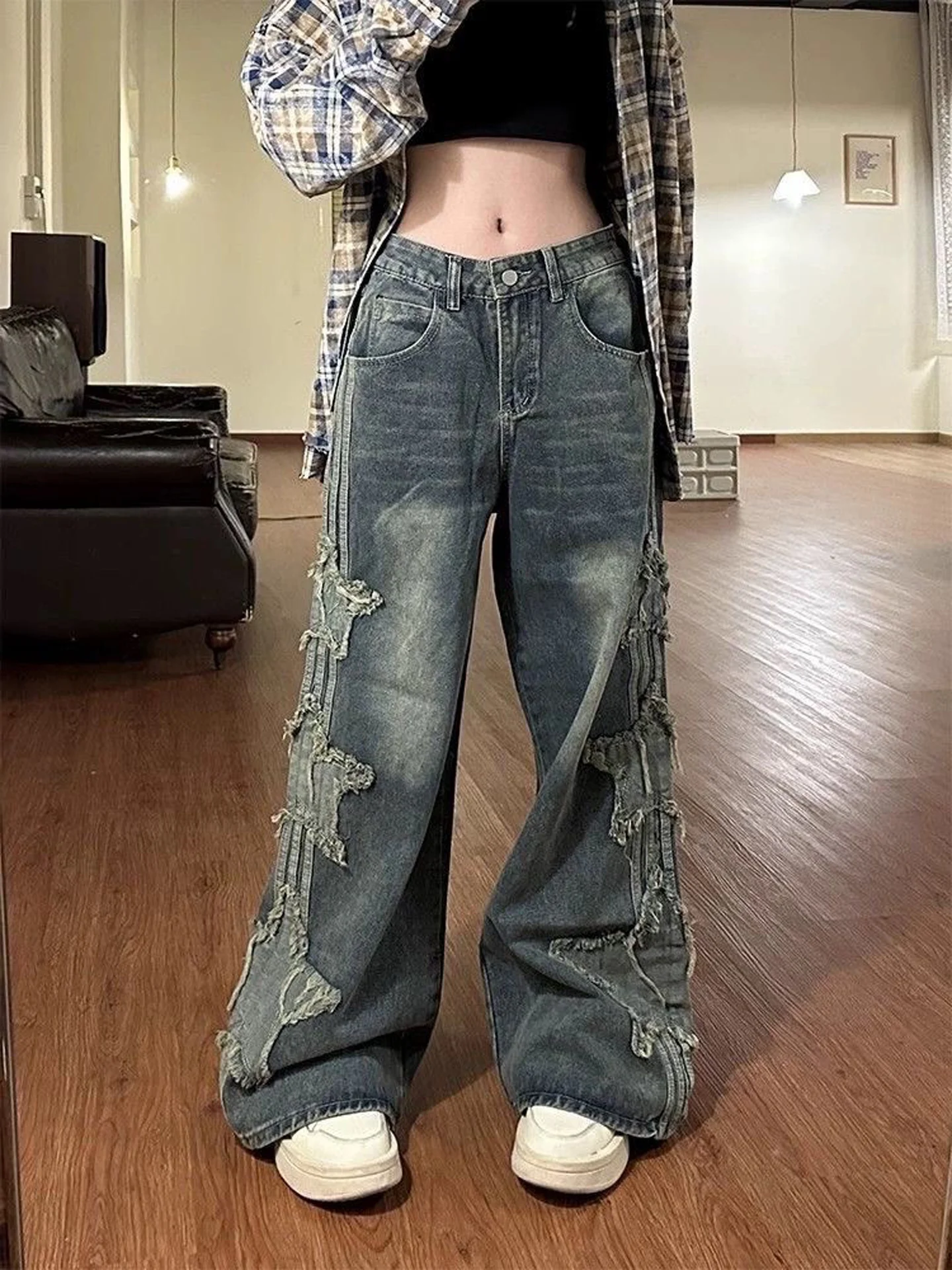 Washed Vintage Star Patch Design Women's Jeans Korean Fashion Trendy Meat Concealing Wide Leg Floor-Length Pants