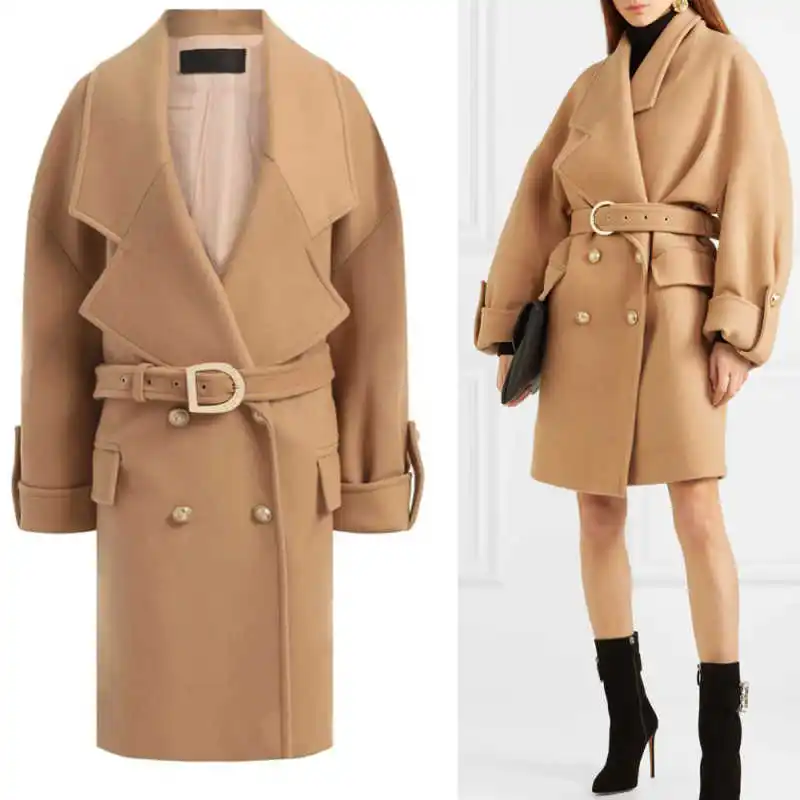 

Classic Women's Wool Blend Coat Double-Breasted Notch Collar Winter Fashion Long Trench Coat Loose Commute Coat Customized