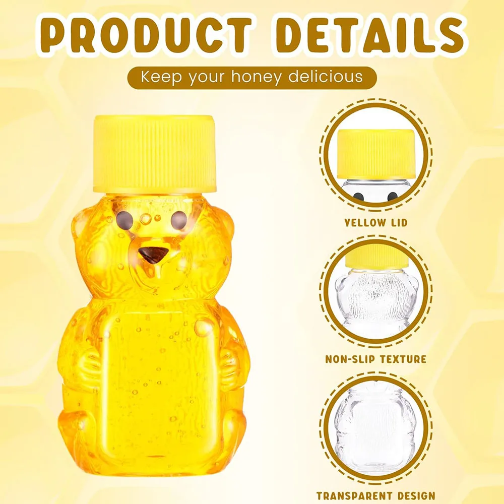 2 oz Plastic Bear Bottle Shape Clear Honey Containers Empty Dispenser with Yellow Lid Honey Jars Cup