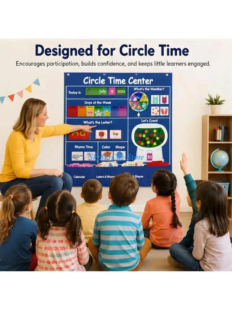 E65E Homeschool Circle Time Learning Set with Calendar Weather Letter Counting Activities, Wall Chart Center for Early Learners