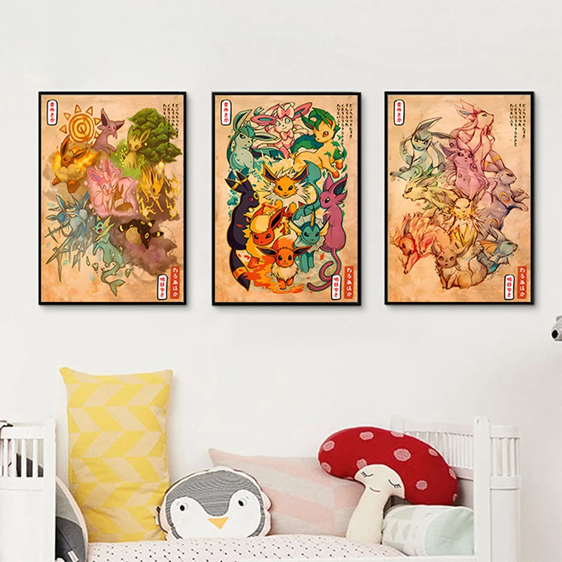 Pokemon Cartoon Anime Canvas Painting Eeveelution Eevee Flareon Vaporeon Poster Print Mural Pictures Wall Art Home Decor Cuadros