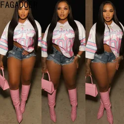 FAGADOER Y2k Fashion Letter Printing Tshirt Women 2025 Spring New Color Block V Neck Loose Top Casual Female Streetwear Clothing