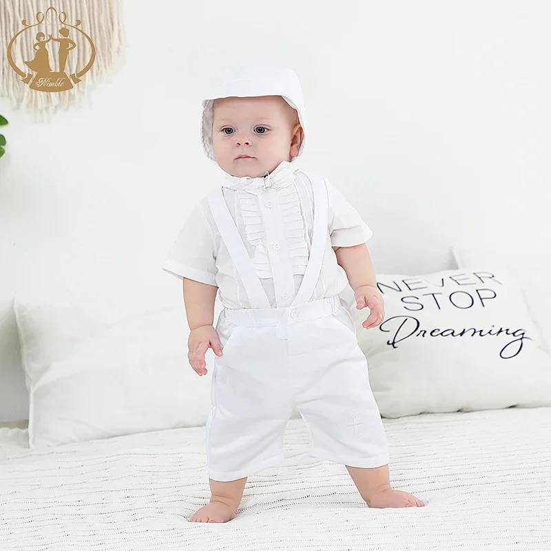 White Baby Boy Clothes Set Baptism Outfits Solid Full Sleeve Shoulder Strap Lace Christening Gown Newborn Gentleman Birthday