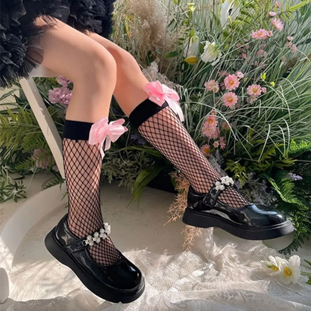 Soft Bow-knot Lace Gauze Lolita Solid Color Fishnet Girls Calf Socks Kids Hosiery Korean Style Socks Middle Tube Socks