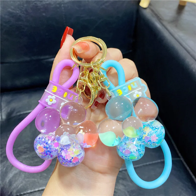 Creative In Oil Snowflake Quicksand Bottle Sunflower Keychain Female Floating Flower Sequin Rainbow Bean Liquid Keyring Pendant