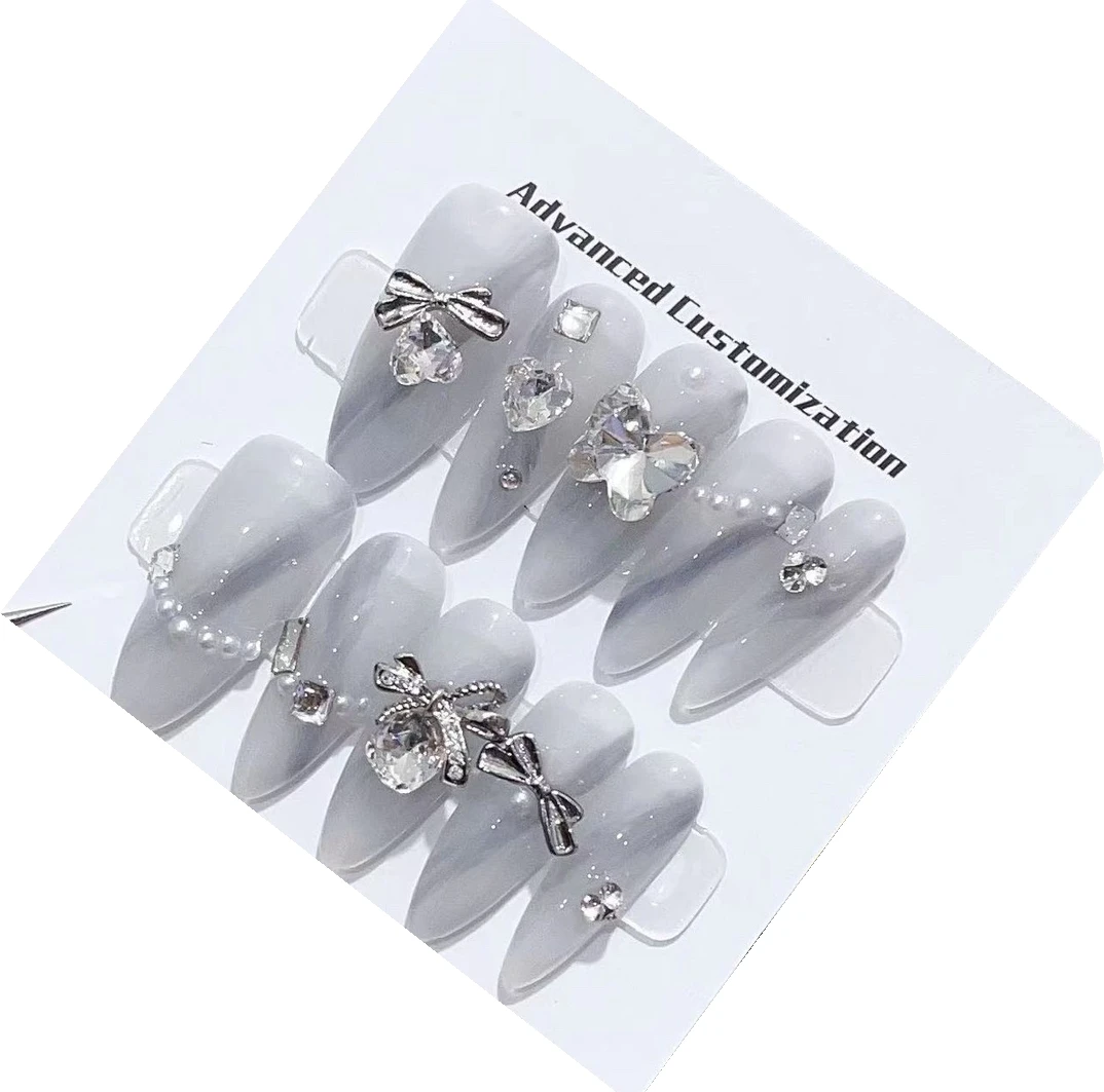 

Emmabeauty Misty Rain Butterfly Long Pointed Fresh Temperament Removable Reusable Handmade Press On Nails.No.24675