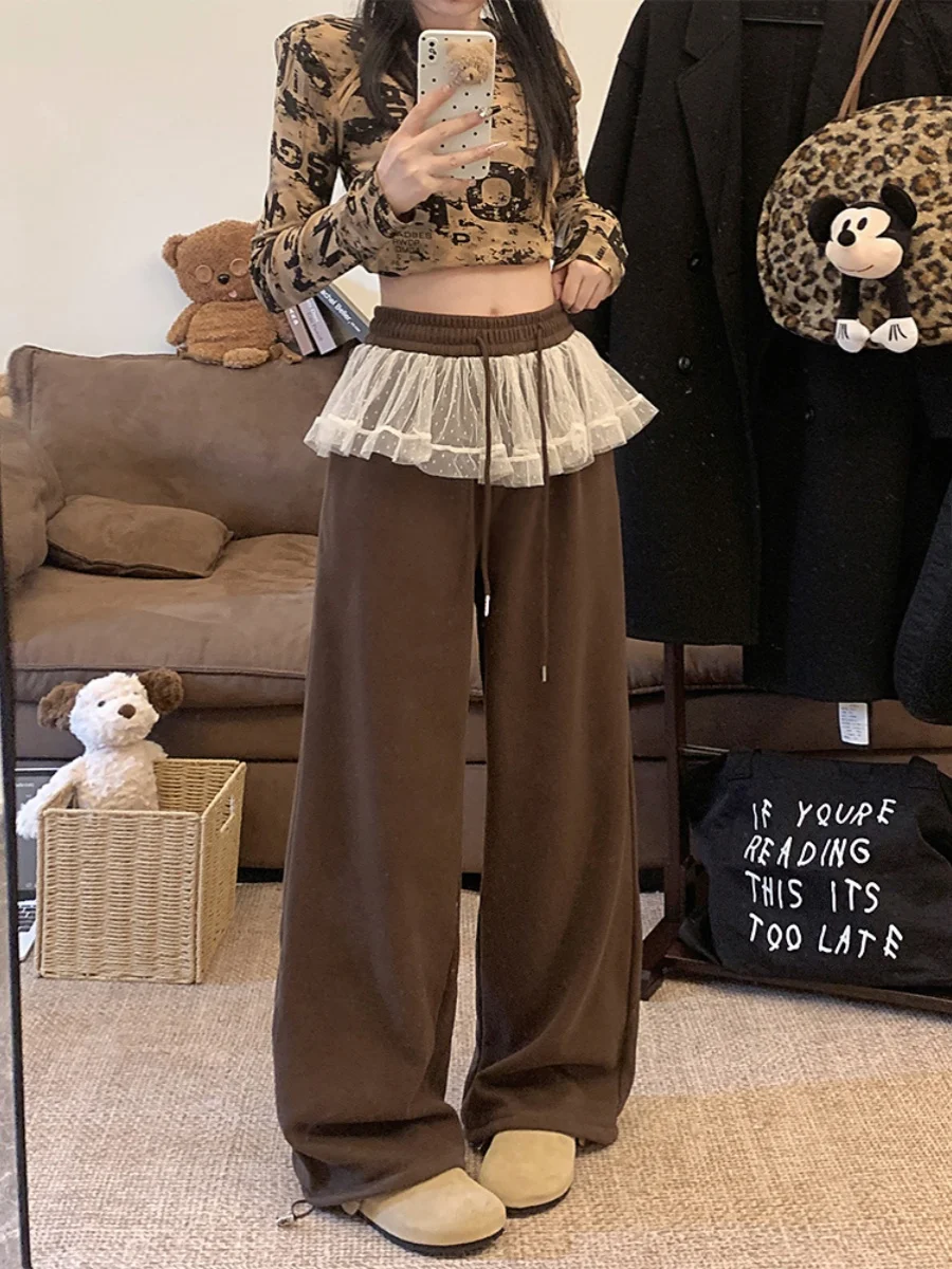 High Waist Drawstring Loose Wide Leg Casual Pants Women's Winter Black Lace Patchwork Cuffed Floor-Length Trousers