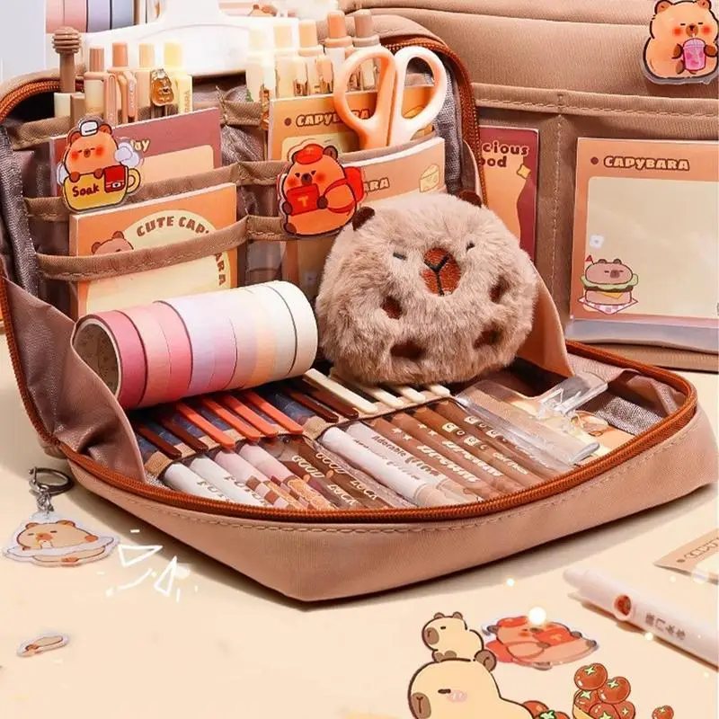 Large Capacity Pen Bag With Pens Set Kawai Capybara Multi Layered Stationery Bag Cartoon Pencil Case Cosmetic Bag School Supply