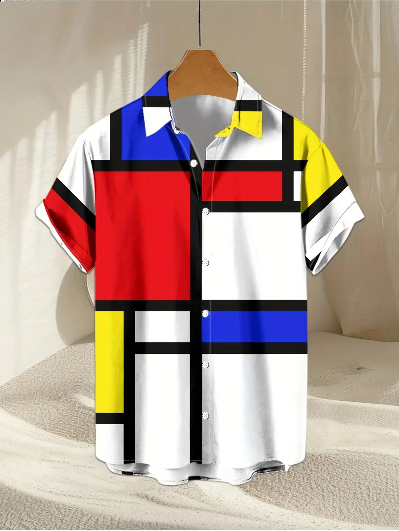 Herren Hawaiianisches Kurzarmhemd mit Mondrian-Geometrischem Farbblockmuster und Camp-Kragen für den Urlaub