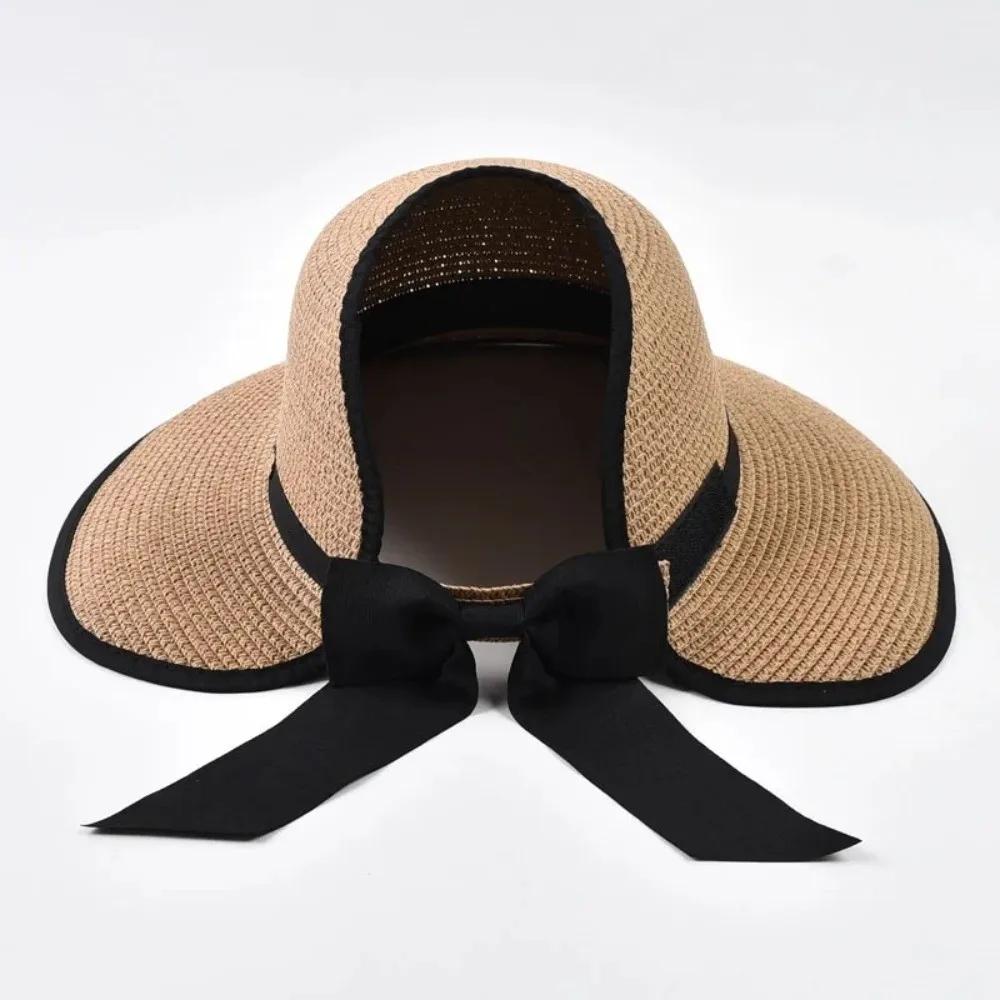 Elegant Round Summer Straw Hat Large Brim Foldable Empty Top Sun Hat Bowknot Design UV Protection Wide Brim Hat for Women
