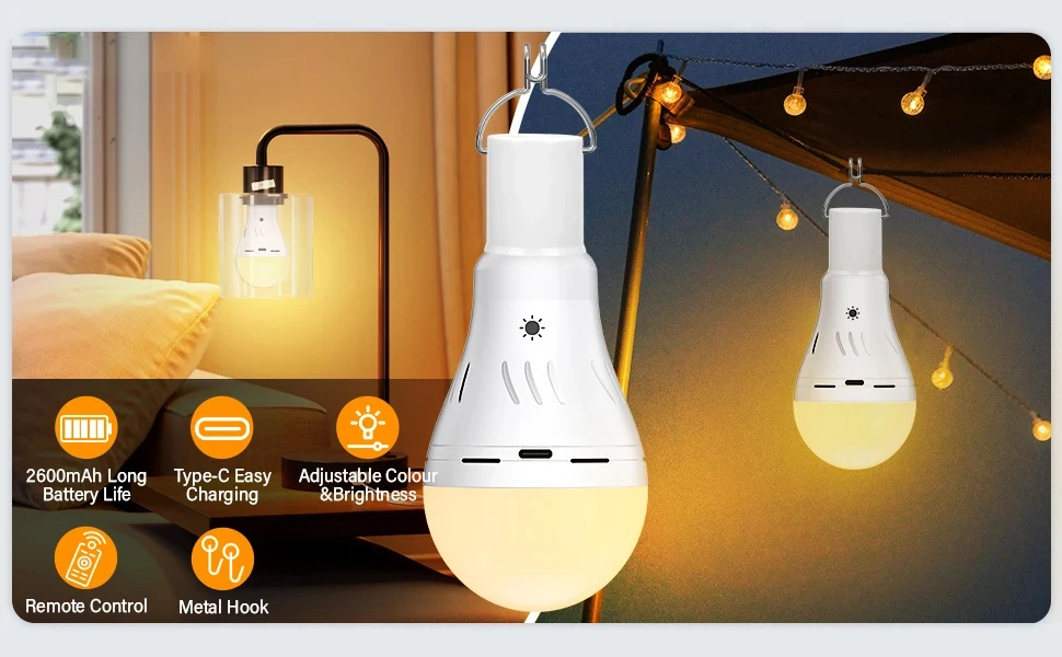 Wiederaufladbare Glühbirnen, geeignet für E27, mit Fernbedienung, 9 W, lange Akkulaufzeit, einstellbare Helligkeit, weißes/warmes Licht für Camping – Detail 1