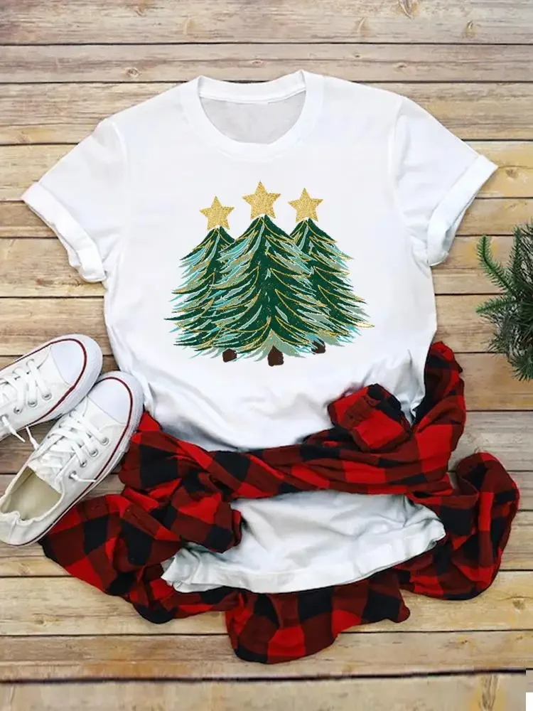 Christmas Tee T Shirt Clothing Women Top New Year Female Plaid Tree Lovely Style Trend Clothes Fashion Printed Graphic T-shirts