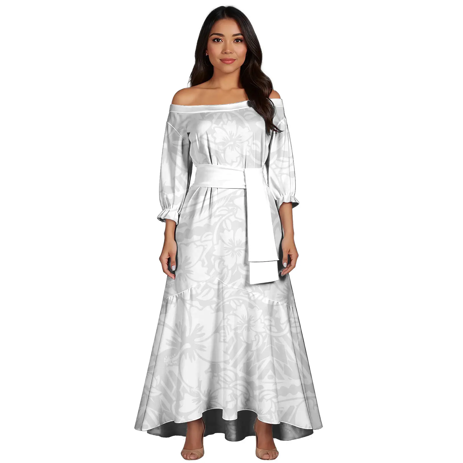 New White Polynesian Samoa Tribal Print Trumpet Mermaid Dress Custom Ladies Off Shoulder Casual Evening Dresses
