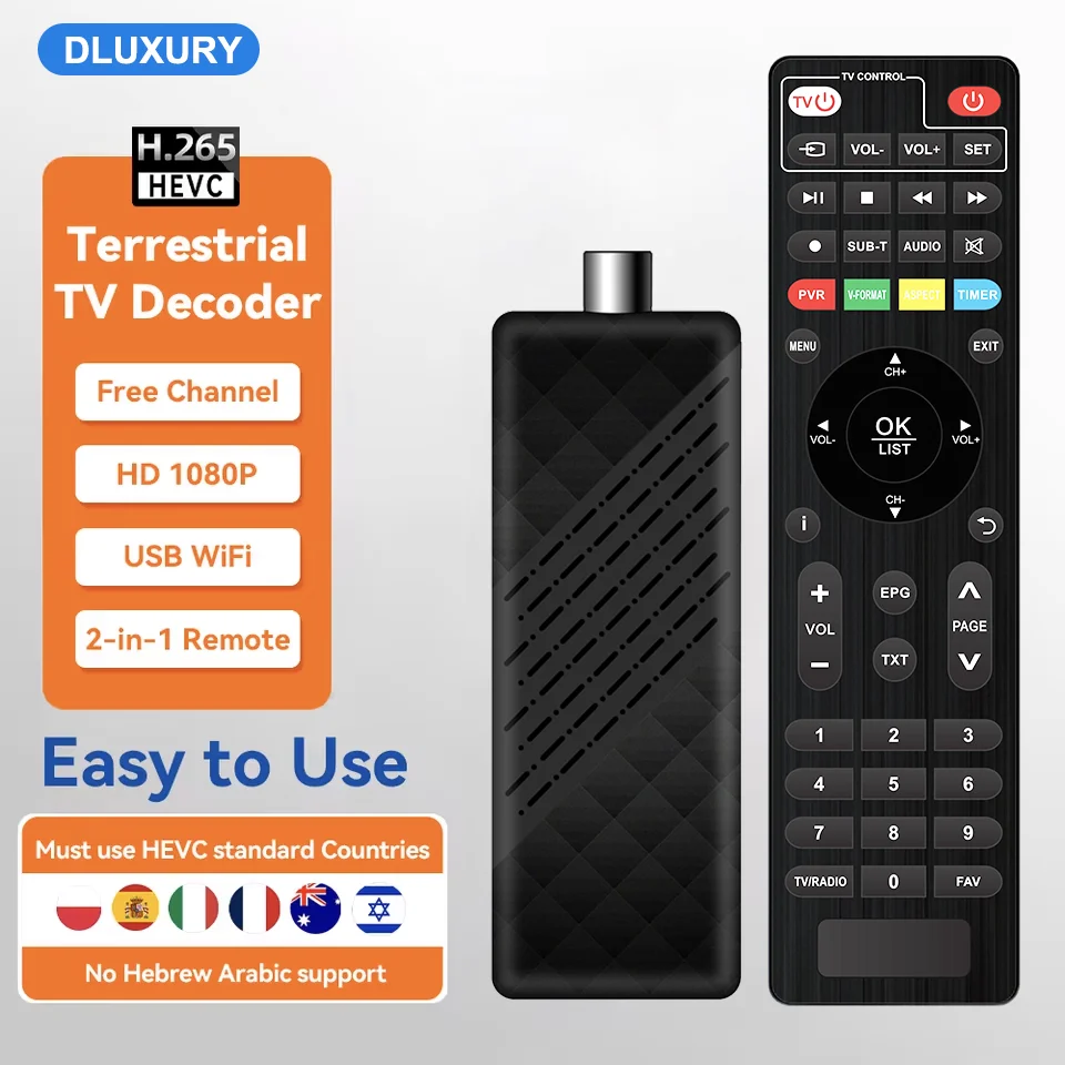 Dluxury New DVB T2 DVB C H.265 Digital TV Decoder HD Free TV Channels 7Days EPG TV Tuner TV STICK for Spain France Italy Ect