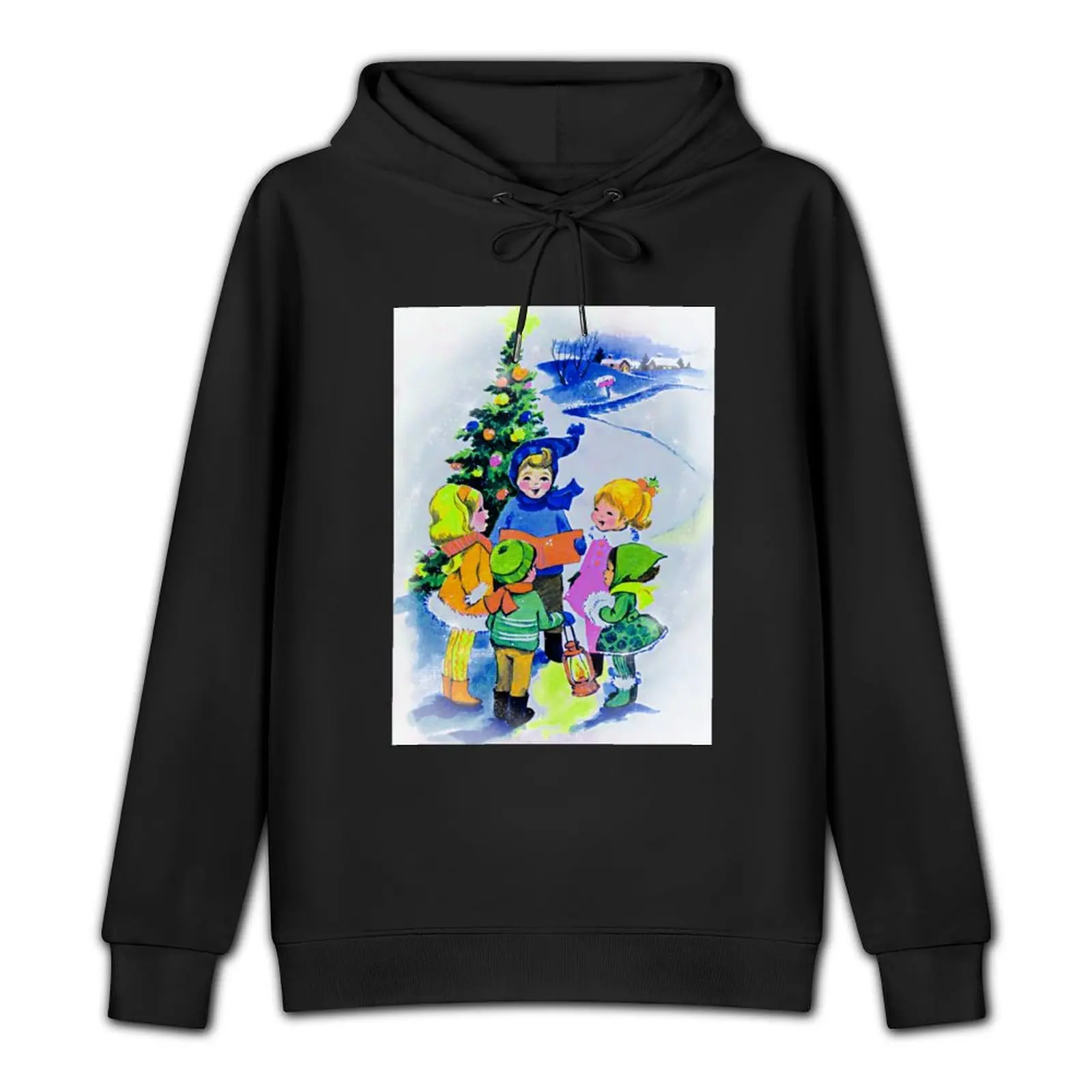 Vintage Illustration Children Singing Christmas Carols Around Tree Print Pullover Hoodie men's autumn clothes anime hoodie