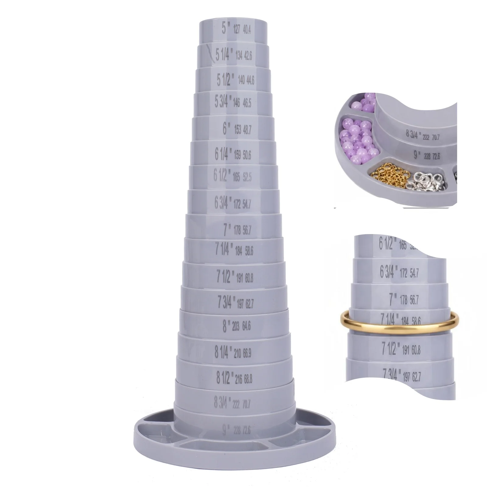 Versatile 6 Section Bracelet Display Holder with Sizing Tool and Bead Holes for Jewelry Making 5-9 Inch Measuring Stand