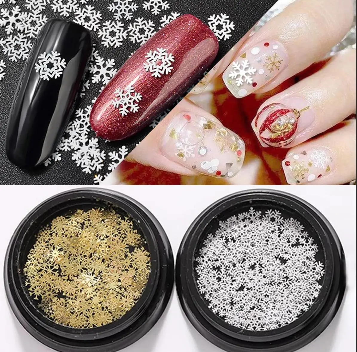 2Bottle Gold&Sliver Metallic Snow Flakes Nail Art Charms Sequins 3D Multiple Style Christmas Snowflake Jewelry DIY Manicure Part