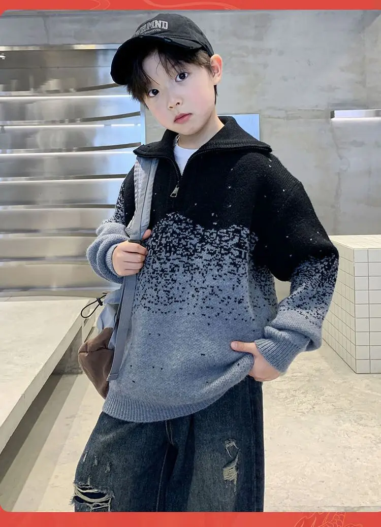 Kinder-Streifen-Polopullover mit halbem Reißverschluss für Jungen, Frühling, High-Street-Strickwaren, Teenager, Kinder, modische Strickpullover-Outfits – Detail 7
