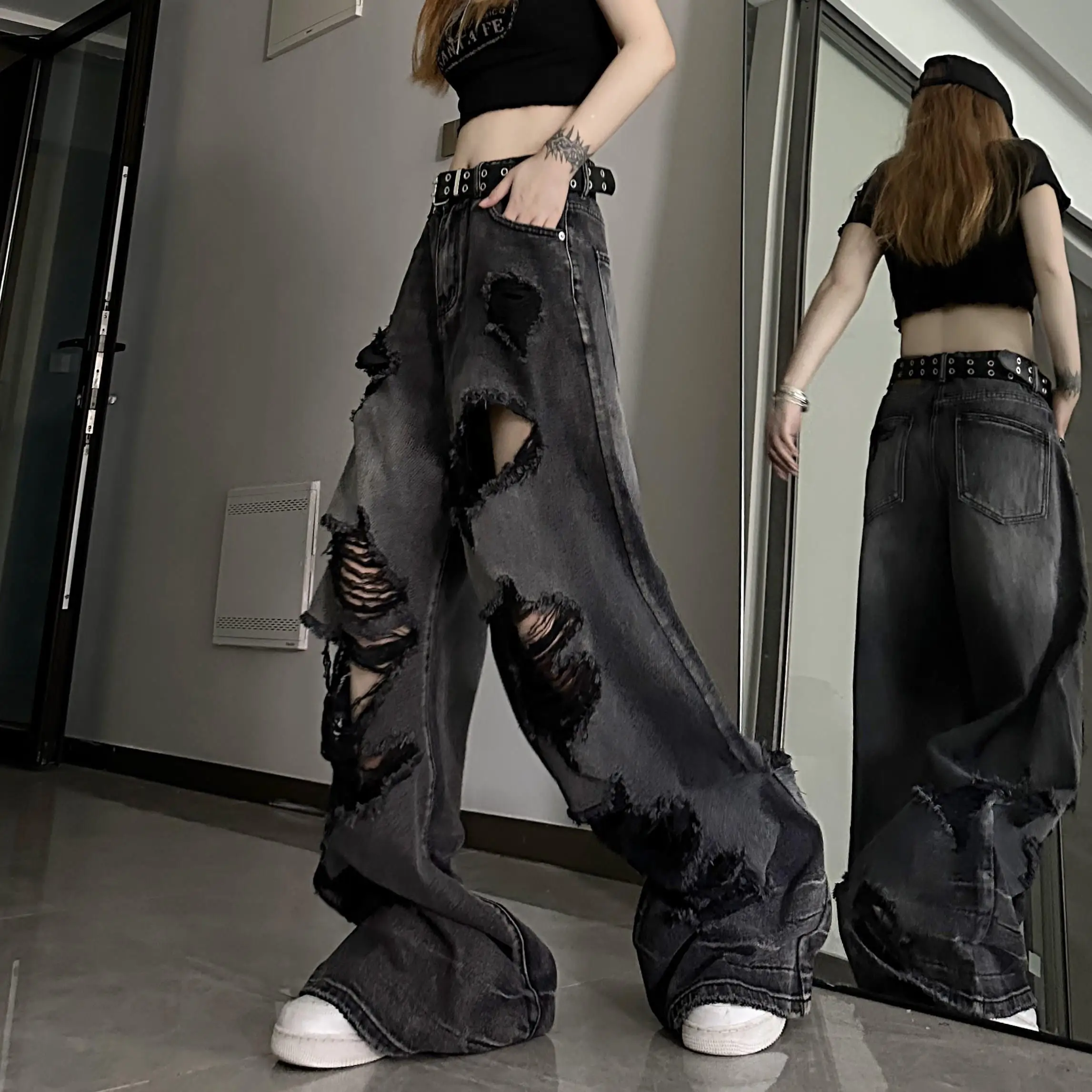 High Street Ripped Jeans for Men and Women in Summer Loose and Slim and Versatile Wide-leg Trousers, Washed and Distressed Pants