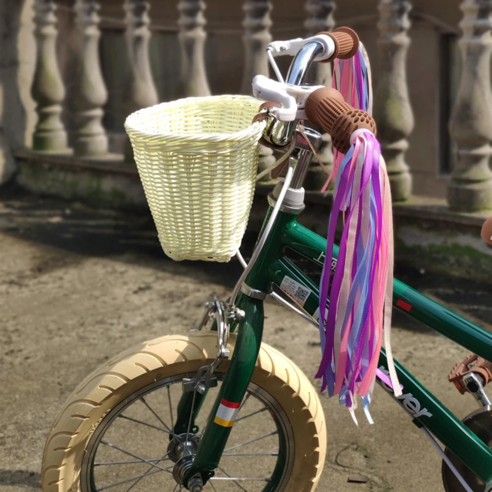 4pcs/Set Pe Rattan Wicker Bicycle Front Basket+Bell+Tassel+Sticker Bicycle Front Basket Hand Handwoven Children\'s Bicycle Basket