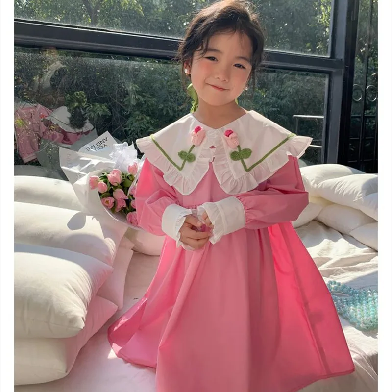 Teenage Girls Dress 2024 Spring New Children\'s Ruffle Doll Neck Princess Dress Girls\' Baby Korean Cotton Long Sleeve Dress