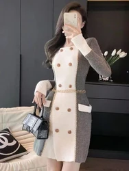 Knitted Dress For Women 2023 Autumn Winter Korean Fashion Long Sleeve Double-Breasted Casual Knitting Sweater Dresses
