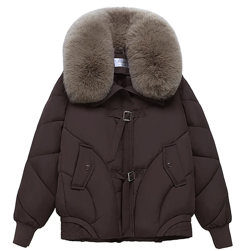 Women Oversize Parkas Coat Solid Short Jacket Middle Age Big Fur Collar Long Sleeve Zipper Straight Fit Thick Casual 2025 Winter