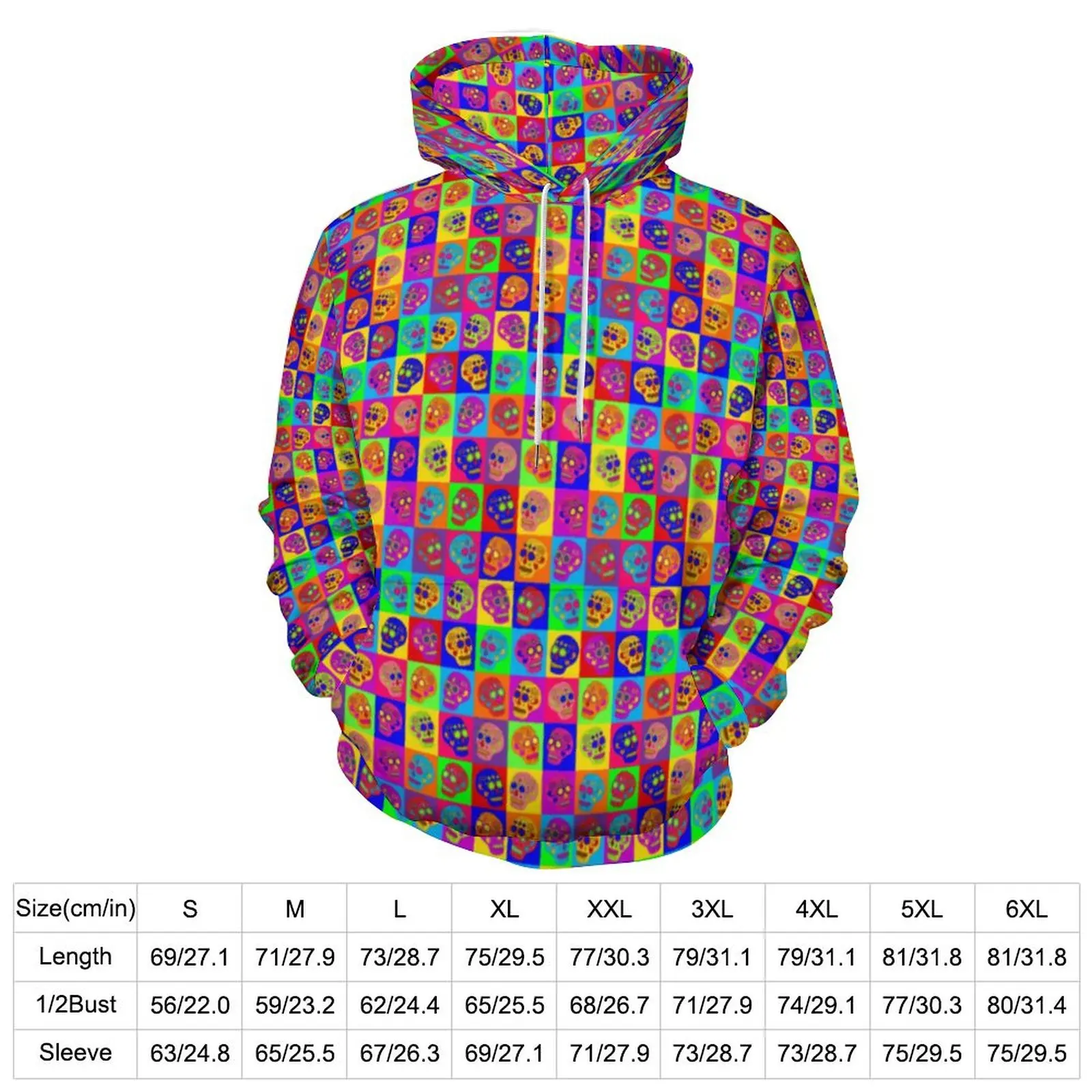 Sugar Skull Squares Casual Hoodies Long Sleeve Day of The Dead Kawaii Hoodie Winter Streetwear Printed Oversize Clothes