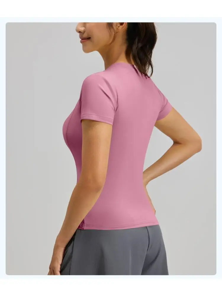 Women Crew Neck Workout Short Sleeve Tops Seam Curved Fitted Yoga T-Shirt Quick Dry Slim Athletic Tee for Running Gym Pilates