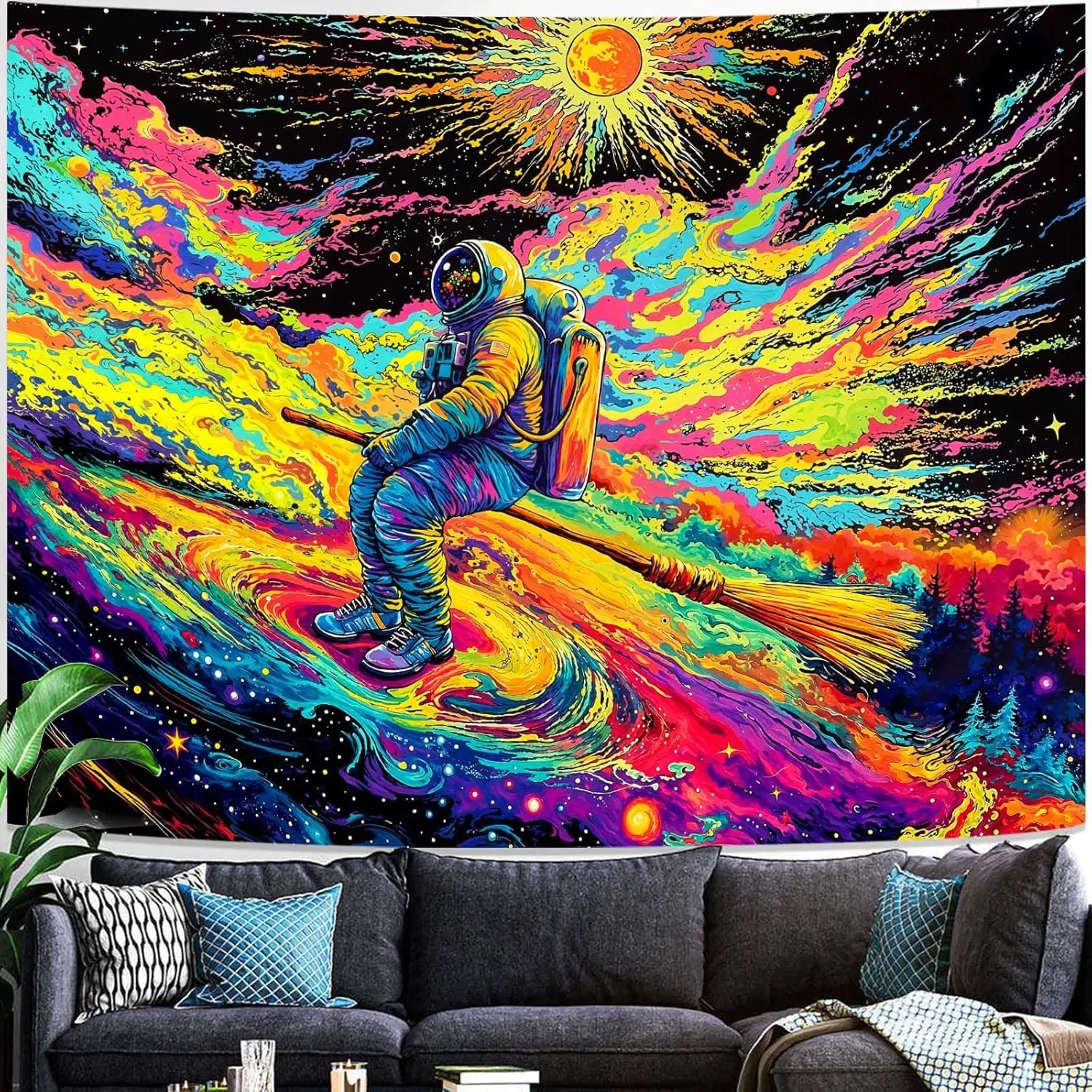 Psychedelic Astronaut Wall Tapestry Cosmic Broom Ride Space Art Trippy Dream Decor Boho Living Room Bedroom Hanging Design