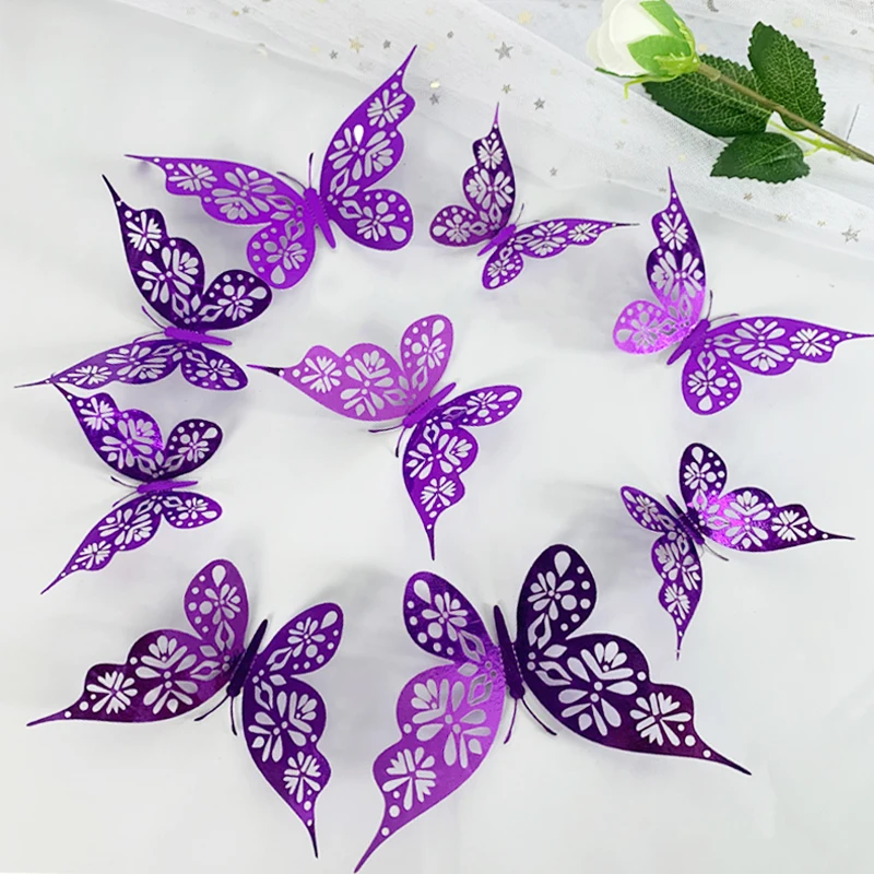 12 Pcs/lot Hollow Gold Colorful 3D Butterflies Wall Sticker Kid Room Wedding Decoration for Bedroom Party Home Decor Living Room