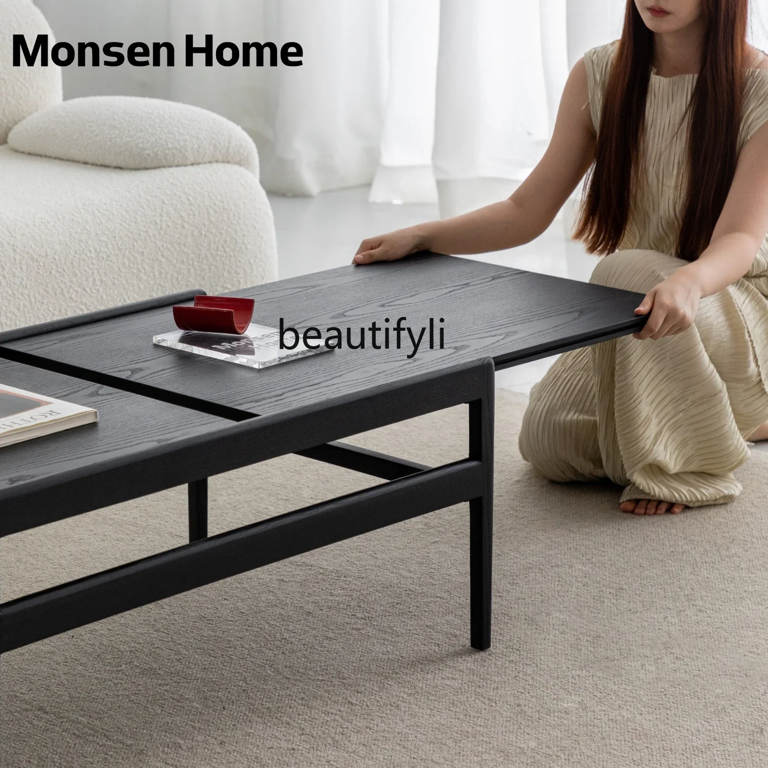 Black coffee table dining table dual-purpose two-in-one double-layer retractable ash wood sticker leather retro