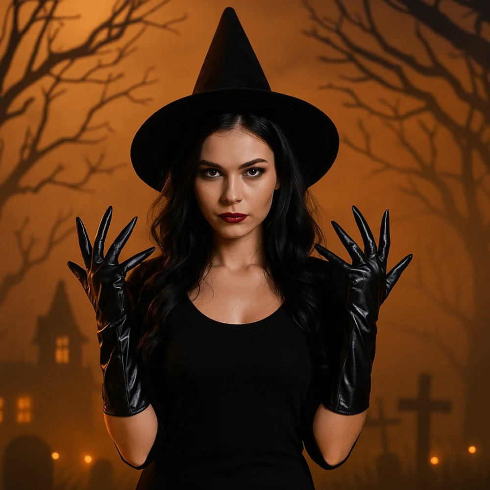 كول نحيلة أصابع قفازات الهالوين بولي Leather جلد أسود شبح مخلب القفازات أداء قصير الدعامة تأثيري حلي قفازات الطرف #4