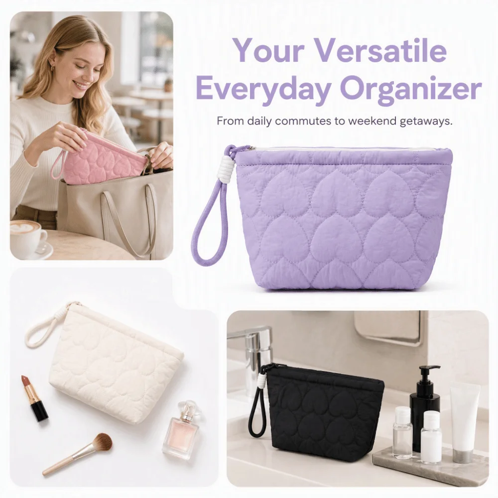 Large Capacity Cosmetic Bag Soft Inner Lining Heart Quilted Makeup Storage Bag Portable with Lanyard Lipstick Organizer Pouch