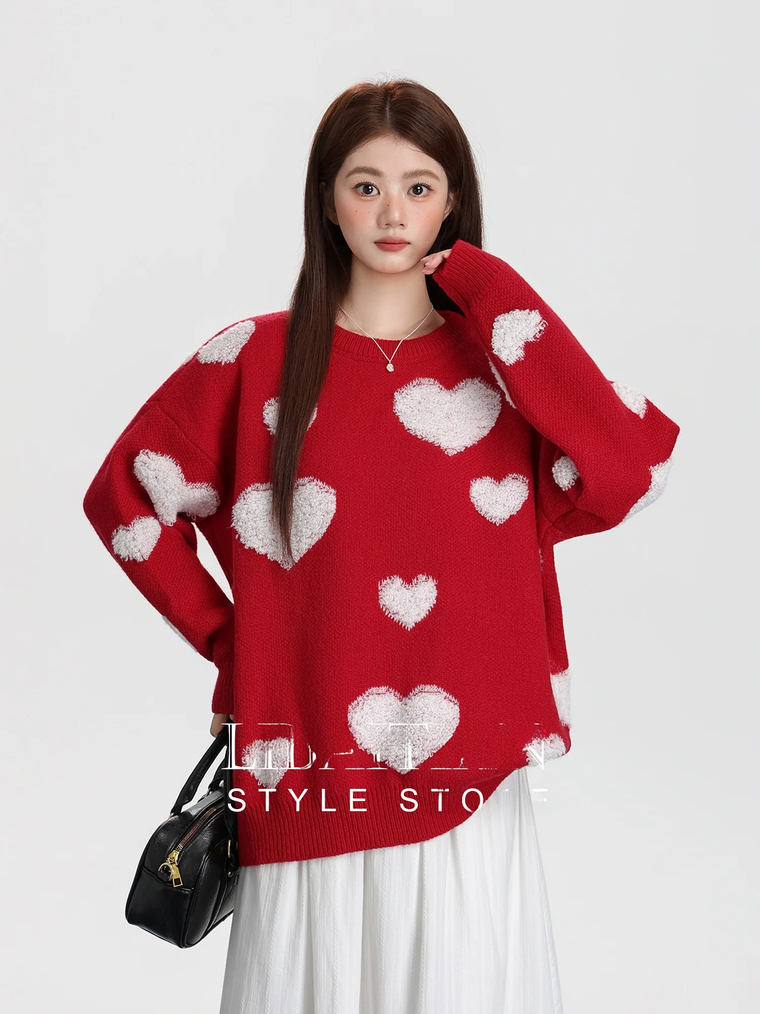 

Red Heart round Ne Loose Women's Knitted Sweater Winter New Sle Inner Wear T-irt Overhead irt Cisas Sle Long Sl...