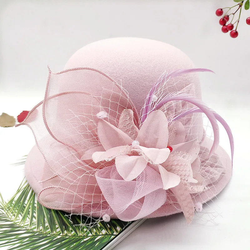 Classical Wool Felt Wide Brim Fedora Hat Pearl Belt Pink Solid Caps Men Women Winter Derby Wedding Church Jazz Hats